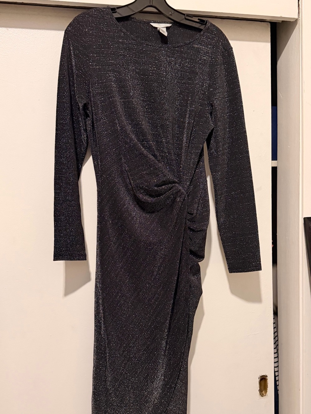 H&M Black Shimmery Long Sleeve Ruched Midi Dress